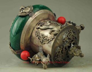 chinese old hand - carved copper plating silver jade Buddha Pi Xiu censer b01 5