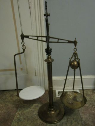 Rare Unique Vintage Brass & Cast Iron & Milk Marble Balance Scales Of Justice
