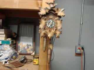 Vintage German Cuckoo Clock Great 24 Hrs Regula Wood 9x7  Maple Leaf Bird