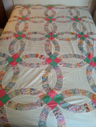 C1925 Vintage Double Wedding Ring Quilt Top Nile Green Pink Feedsack Farmhouse