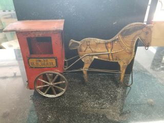 Gibbs Antique Wood,  Metal Lithographed No.  27 Us Mail Horse & Wagon Pull Toy.