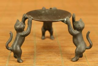 Asian Old Bronze Hand Carving Three Cat Candle Stick Oil Lamp Statue Noble Gift