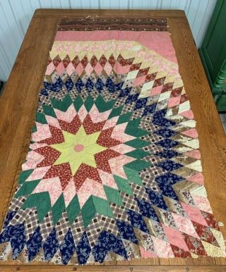 Early Study C 1840 - 50s Star Quilt Pc Antique 60 X 30 Browns Blues Pinks
