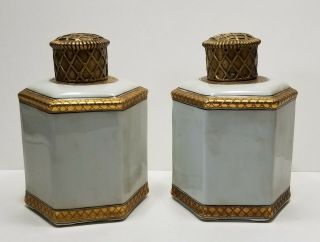 Early 20th Century United Wilson Porcelain Tea Jars With Gilt Metal Lids