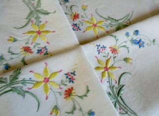 Vintage Tablecloth Hand Embroidered Small Flowers - Linen