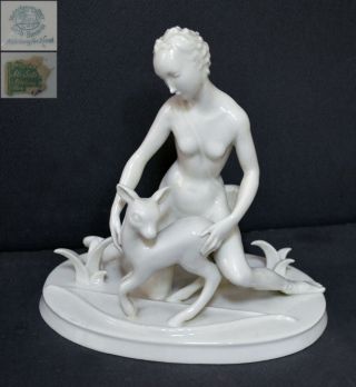 German Selb Signed M.  Fehr Art Deco Diana Goddess Porcelain Figurine Deer