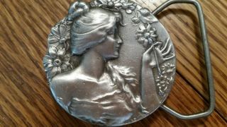 Art Deco Looking Lady Bust With Flowers Metal Belt Buckle - Unique - 2 " Round - J48