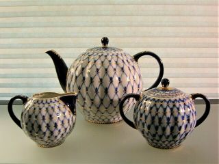 Russian Tea Set Porcelain Cobalt Blue Net Teapot,  Sugar,  Creamer,  Lids Lomonosov