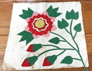 Early C 1840 - 50s Album Quilt Block Stuffed Red Green Mustard
