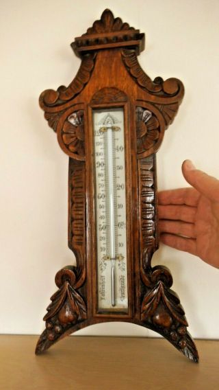 Large Carved Oak Antique Wall Thermometer