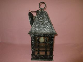 Vintage Hammered Wrought Iron Glass Gothic Hanging Chandelier Lamp Fixture 2