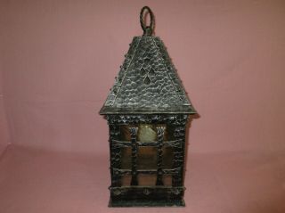 Vintage Hammered Wrought Iron Glass Gothic Hanging Chandelier Lamp Fixture 3