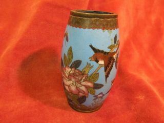 Antique 4 1/2 " Cloisonne Brass Vase With Birds & Lotus Flowers