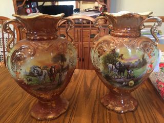 Vintage Antique English Hand Painted Mantle Vases With Horses