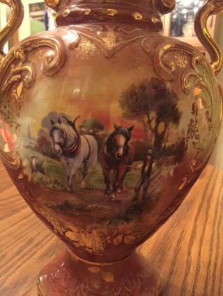 VINTAGE ANTIQUE ENGLISH HAND PAINTED MANTLE VASES WITH HORSES 2