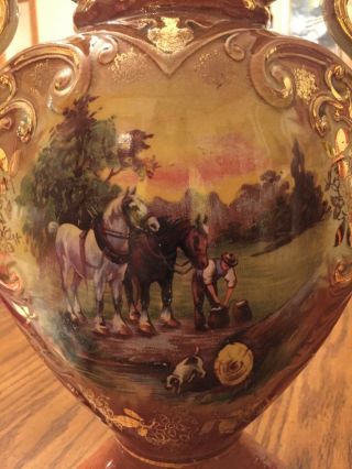 VINTAGE ANTIQUE ENGLISH HAND PAINTED MANTLE VASES WITH HORSES 3