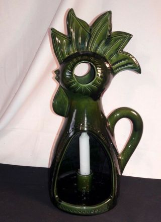 Lg Vintage Modern Incised Rooster Candle Holder Drip Glaze Votive Chamber Stick