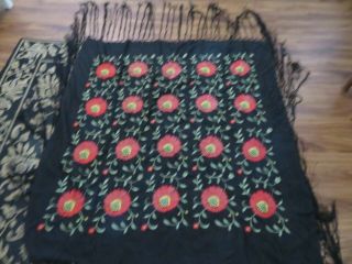 VIN Silk? BLACK FLORAL Embroidered Piano Scarf with long BLACK Fringe 2