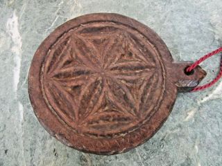 Antique Wooden Butter Mold Stamp Geometric Design With Handle