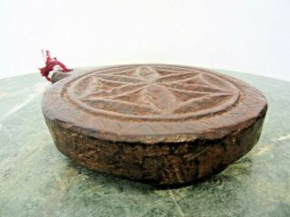 ANTIQUE WOODEN BUTTER MOLD STAMP GEOMETRIC DESIGN WITH HANDLE 3