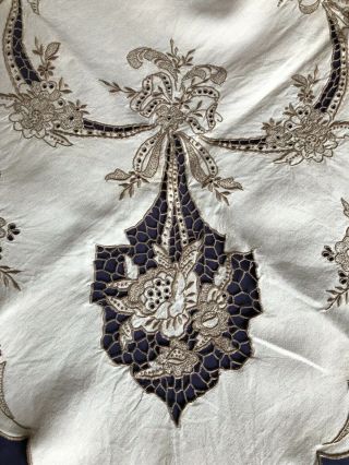 Vintage Madeira Work Hand Embroidered Square Cream Irish Linen Tablecloth