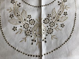 Vintage Cream Linen Madeira Work Hand Embroidered Large Oblong Tablecloth