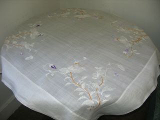 Antique Pina Linen Tablecloth Hand Embroidered Butterflies & Blossoms 38 " X 38 "