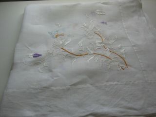 ANTIQUE PINA LINEN TABLECLOTH HAND EMBROIDERED BUTTERFLIES & BLOSSOMS 38 