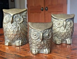 Vintage Leonard Brass Owl Paperweights Set Of 3 Graduated Mid Century Modern
