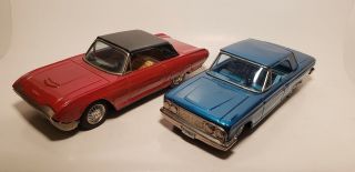 2 Old Tin Cars - 8in - Japan - Nk Toys - Litho - Friction - Ford Fairlane - Thunderbird - Nr