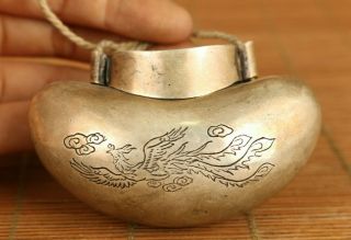 Asian Old Tibet Silver Hand Carving Dragon Phoenix Box Pendant Netsuke Necklace