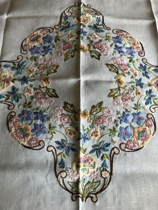 Awesome Vintage Flora Hand Embroidered Small Square Cream Irish Linen Tablecloth