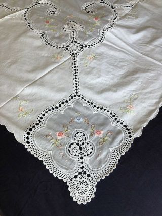 Huge Vintage Hand Embroidered White Cotton Tablecloth Hand Crocheted Inserts