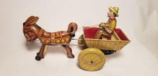 Antique Tin Wind Up Toy - Marx - Man In Wagon & Donkey - 8 Inch - Litho - Nr
