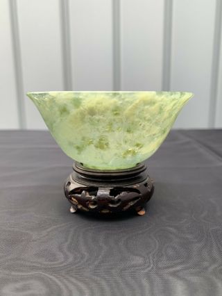Antique Vintage Chinese Spinach Green Nephrite Jade 4” Bowl On Wooden Stand