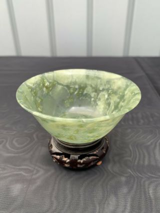 Antique Vintage Chinese Spinach Green Nephrite Jade 4” Bowl on Wooden Stand 2