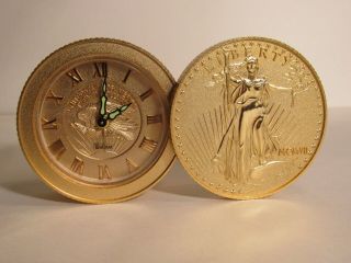 Vintage Bulova Alarm Wind Up Clock Lady Liberty Gold Eagle 1907 Coin Style