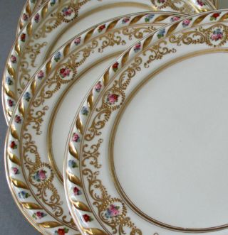 6 Antique Cauldon Sutherland Porcelain Plates Hp Flowers Roses,  Lush Gilt Paste