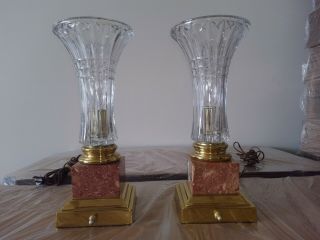 Mid Century Hollywood Regency Marble/brass Base Boudior Torchiere Lamps Pair.