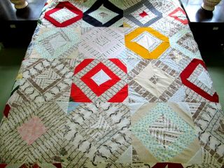 Vintage Hand Pieced All Cotton Some Feed Sack String Quilt Top; 96 " X 72 "