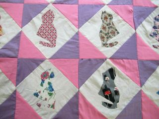 SMALL Vintage Hand Sewn Feed Sack APPLIQUE CATS,  KITTENS Quilt TOP; 56 
