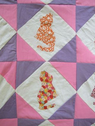 SMALL Vintage Hand Sewn Feed Sack APPLIQUE CATS,  KITTENS Quilt TOP; 56 
