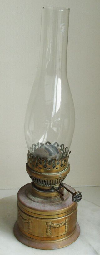 Victorian Antique/vintage Brass Oil Lamp With Glass Chimney 39cm Tall