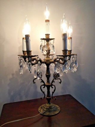 Antique/vintage Bronze Or Brass Electric Candelabra Table Lamp With Crystals
