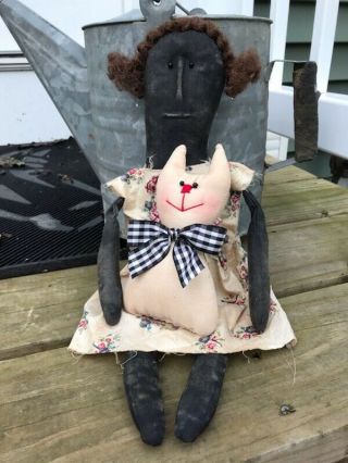 Primitive Black Doll Flower Dress Cat Cupboard Tuck Prim Folk Art