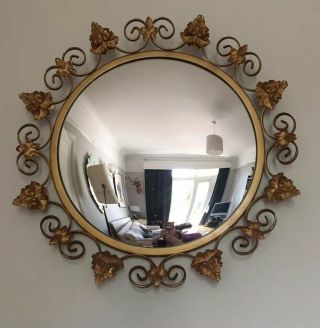 1950s Vintage Retro Gilt Metal Swirl Decoration Convex Mirror