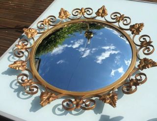 1950s Vintage Retro Gilt Metal Swirl Decoration Convex Mirror 3