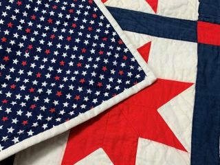 Patriotic Vintage STARS Table Quilt Doll Red w Blue 33 x 22 4