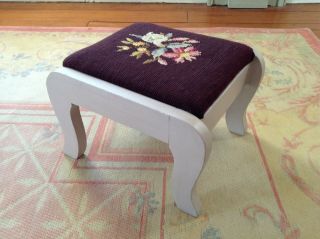 Vintage Needlepoint Wooden Footstool With Painted Legs & Floral Design