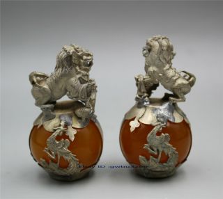 A Pair Chinese Carved Jade & Silver Dragon Foo Dogs Statue